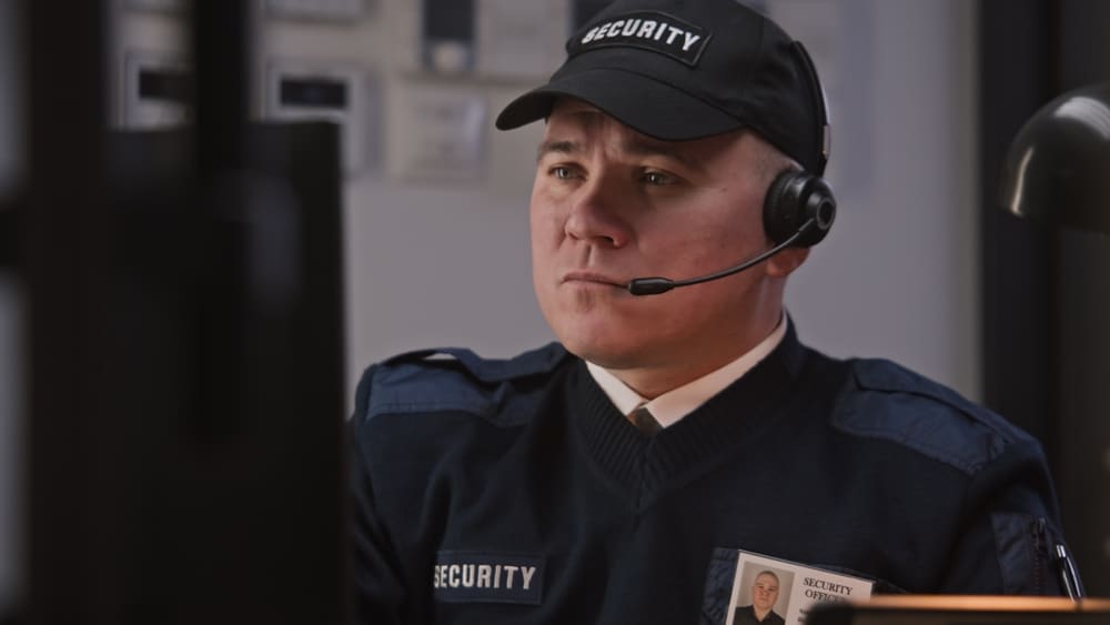 A security guard from Private Security Oakland County, wearing a uniform, cap, and headset, is seated at a desk. He appears focused, looking at a screen. An ID card with his photo is visible on his chest. The background shows blurred office equipment.