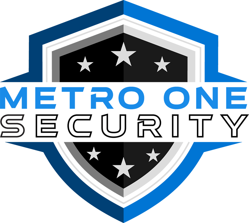 Logo of Metro One Security featuring a blue and black shield design with five stars and bold text.